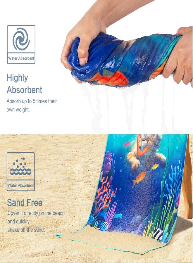 Vimorco Cat Beach Towel, Funny Diving Cat Dolphin Jellyfish Beach Towel, Cotton Blend Soft Velour Camping Towel for Women Girls Kids Boys Men, Absorbent Pool,Bath,Swim,Yoga,Gym,Travel Vacation Towel - Image 3